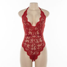 Load image into Gallery viewer, Cryptographic Backless halter lace bodysuit transparent female body hot sexy teddies 20209 jumpsuits women deep V sheer bodysuits