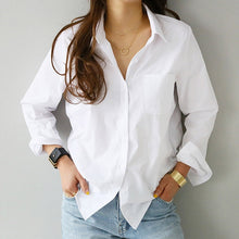 Load image into Gallery viewer, 2020 Spring One Pocket Women White Shirt Female Blouse Tops Long Sleeve Casual Turn-down Collar OL Style Women Loose Blouses