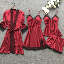 Load image into Gallery viewer, 2020 Women Pajamas Sets Satin Sleepwear Silk 4 Pieces Nightwear Pyjama Spaghetti Strap Lace Sleep Lounge Pijama With Chest Pads