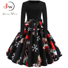 Load image into Gallery viewer, Winter Christmas Dresses Women 50S 60S Vintage Robe Swing Pinup Elegant Party Dress Long Sleeve Casual Plus Size Print Black