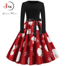 Load image into Gallery viewer, Winter Christmas Dresses Women 50S 60S Vintage Robe Swing Pinup Elegant Party Dress Long Sleeve Casual Plus Size Print Black