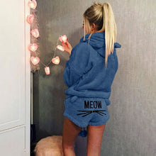 Load image into Gallery viewer, Women Coral Velvet Pajamas Set Autumn Winter Warm Pajamas Two Piece Set Sleepwear Cute Cat Meow Pattern Hoodies Shorts Set 5XL