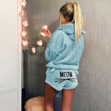 Load image into Gallery viewer, Women Coral Velvet Pajamas Set Autumn Winter Warm Pajamas Two Piece Set Sleepwear Cute Cat Meow Pattern Hoodies Shorts Set 5XL