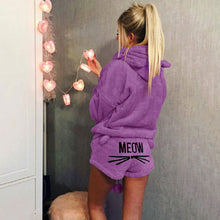 Load image into Gallery viewer, Women Coral Velvet Pajamas Set Autumn Winter Warm Pajamas Two Piece Set Sleepwear Cute Cat Meow Pattern Hoodies Shorts Set 5XL