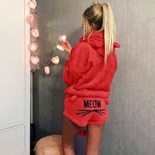 Load image into Gallery viewer, Women Coral Velvet Pajamas Set Autumn Winter Warm Pajamas Two Piece Set Sleepwear Cute Cat Meow Pattern Hoodies Shorts Set 5XL