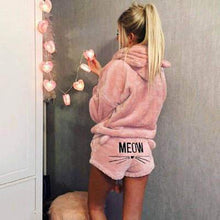 Load image into Gallery viewer, Women Coral Velvet Pajamas Set Autumn Winter Warm Pajamas Two Piece Set Sleepwear Cute Cat Meow Pattern Hoodies Shorts Set 5XL