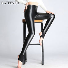 Load image into Gallery viewer, BGTEEVER Spring Autumn Winter Soft PU Leather Pant Women Velvet Pants Warm Stretch Skinny Trousers Pencil Leather Leggings