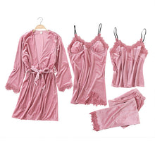 Load image into Gallery viewer, JULY'S SONG 2020 Gold Velvet 4 Pieces Warm Winter Pajamas Sets Women Sexy Lace Robe Pajamas Sleepwear Kit Sleeveless Nightwear