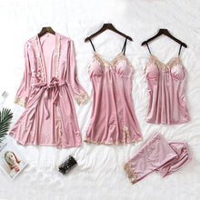 Load image into Gallery viewer, JULY'S SONG 2020 Gold Velvet 4 Pieces Warm Winter Pajamas Sets Women Sexy Lace Robe Pajamas Sleepwear Kit Sleeveless Nightwear