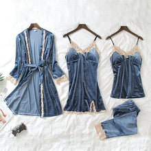 Load image into Gallery viewer, JULY'S SONG 2020 Gold Velvet 4 Pieces Warm Winter Pajamas Sets Women Sexy Lace Robe Pajamas Sleepwear Kit Sleeveless Nightwear