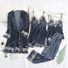 Load image into Gallery viewer, JULY'S SONG 2020 Gold Velvet 4 Pieces Warm Winter Pajamas Sets Women Sexy Lace Robe Pajamas Sleepwear Kit Sleeveless Nightwear
