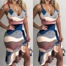 Load image into Gallery viewer, Women Streetwear Trumpet Dress Patchwork Design Ruffles Decor V-Neck Sling Print Asymmetrical Dress Elegant Lady Slim Hips Dress