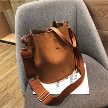 Load image into Gallery viewer, Messenger bag Women Bucket Shoulder Bag large capacity vintage Matte PU Leather lady handbag Luxury Designer bolsos mujer Black
