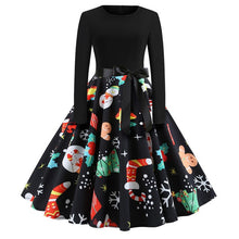 Load image into Gallery viewer, Winter Christmas Dresses Women 50S 60S Vintage Robe Swing Pinup Elegant Party Dress Long Sleeve Casual Plus Size Print Black