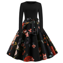 Load image into Gallery viewer, Winter Christmas Dresses Women 50S 60S Vintage Robe Swing Pinup Elegant Party Dress Long Sleeve Casual Plus Size Print Black