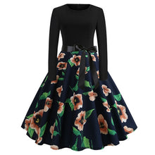 Load image into Gallery viewer, Winter Christmas Dresses Women 50S 60S Vintage Robe Swing Pinup Elegant Party Dress Long Sleeve Casual Plus Size Print Black