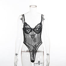 Load image into Gallery viewer, Cryptographic hot sale sheer lace bodysuit women backless transparent mesh bow sexy jumpsuit 2020 catsuit straps bodysuits thong