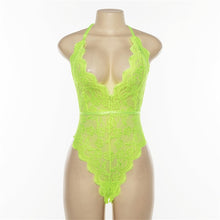 Load image into Gallery viewer, Cryptographic Backless halter lace bodysuit transparent female body hot sexy teddies 20209 jumpsuits women deep V sheer bodysuits
