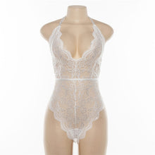 Load image into Gallery viewer, Cryptographic Backless halter lace bodysuit transparent female body hot sexy teddies 20209 jumpsuits women deep V sheer bodysuits
