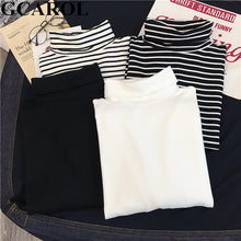 Load image into Gallery viewer, GCAROL Women T-shirt Turtleneck Striped Full Sleeve Stretch Tops Basic Drop Shoulder Undershirt Basic Perfect Pullover M-XL
