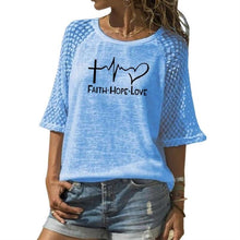 Load image into Gallery viewer, New Faith Hope Love Letters Print T-Shirt For Women Lace Crew Neck T-Shirt Top T-Shirt Women Tops Punk Cotton Camiseta Japan
