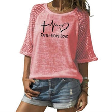 Load image into Gallery viewer, New Faith Hope Love Letters Print T-Shirt For Women Lace Crew Neck T-Shirt Top T-Shirt Women Tops Punk Cotton Camiseta Japan
