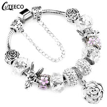 Load image into Gallery viewer, CUTEECO 925 Fashion Silver Charms Bracelet Bangle For Women Crystal Flower Fairy Bead Fit Brand Bracelets Jewelry Pulseras Mujer

