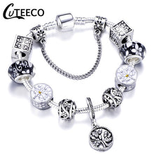Load image into Gallery viewer, CUTEECO 925 Fashion Silver Charms Bracelet Bangle For Women Crystal Flower Fairy Bead Fit Brand Bracelets Jewelry Pulseras Mujer
