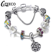 Load image into Gallery viewer, CUTEECO 925 Fashion Silver Charms Bracelet Bangle For Women Crystal Flower Fairy Bead Fit Brand Bracelets Jewelry Pulseras Mujer
