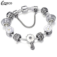 Load image into Gallery viewer, CUTEECO 925 Fashion Silver Charms Bracelet Bangle For Women Crystal Flower Fairy Bead Fit Brand Bracelets Jewelry Pulseras Mujer
