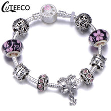 Load image into Gallery viewer, CUTEECO 925 Fashion Silver Charms Bracelet Bangle For Women Crystal Flower Fairy Bead Fit Brand Bracelets Jewelry Pulseras Mujer
