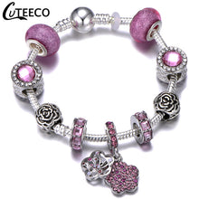 Load image into Gallery viewer, CUTEECO 925 Fashion Silver Charms Bracelet Bangle For Women Crystal Flower Fairy Bead Fit Brand Bracelets Jewelry Pulseras Mujer
