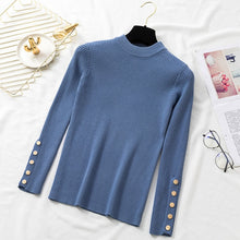 Load image into Gallery viewer, Autumn Women Long Sleeve Pure Slim Sweater Winter Knitted Turtleneck Casual Cashmere Pullover Metal Buttons Split Cuff Basic Top
