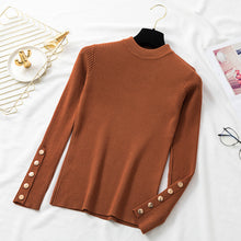Load image into Gallery viewer, Autumn Women Long Sleeve Pure Slim Sweater Winter Knitted Turtleneck Casual Cashmere Pullover Metal Buttons Split Cuff Basic Top
