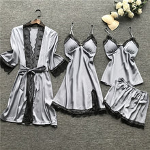 Load image into Gallery viewer, 2020 Women Pajamas Sets Satin Sleepwear Silk 4 Pieces Nightwear Pyjama Spaghetti Strap Lace Sleep Lounge Pijama With Chest Pads
