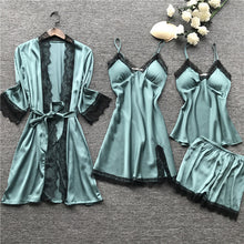 Load image into Gallery viewer, 2020 Women Pajamas Sets Satin Sleepwear Silk 4 Pieces Nightwear Pyjama Spaghetti Strap Lace Sleep Lounge Pijama With Chest Pads
