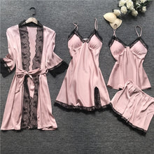 Load image into Gallery viewer, 2020 Women Pajamas Sets Satin Sleepwear Silk 4 Pieces Nightwear Pyjama Spaghetti Strap Lace Sleep Lounge Pijama With Chest Pads
