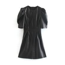 Load image into Gallery viewer, Faux Leather Dress Women Sexy Club Puff Short Sleeve Bodycon Party Dress Vintage Pleated Tunic Black Mini Dress Vestidos
