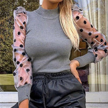 Load image into Gallery viewer, Women Spring Mesh Puff Long Sleeve Ribbed Knitted Shirt Loose Casual Polka Dots Blouse Tops Elegant Turtleneck Party Clubwear
