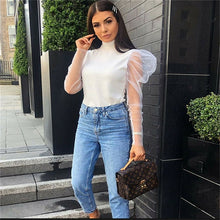 Load image into Gallery viewer, Women Spring Mesh Puff Long Sleeve Ribbed Knitted Shirt Loose Casual Polka Dots Blouse Tops Elegant Turtleneck Party Clubwear
