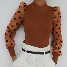 Load image into Gallery viewer, Women Spring Mesh Puff Long Sleeve Ribbed Knitted Shirt Loose Casual Polka Dots Blouse Tops Elegant Turtleneck Party Clubwear
