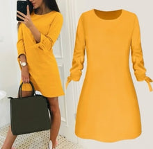 Load image into Gallery viewer, Women Fashion O-neck Solid Bow Elegant Straight Dress Spring Loose Mini Dresses 3/4 Sleeve Bow comfortable Plus Size
