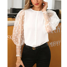 Load image into Gallery viewer, Women Spring Mesh Puff Long Sleeve Ribbed Knitted Shirt Loose Casual Polka Dots Blouse Tops Elegant Turtleneck Party Clubwear
