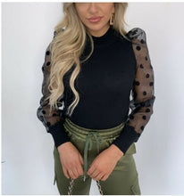 Load image into Gallery viewer, Women Spring Mesh Puff Long Sleeve Ribbed Knitted Shirt Loose Casual Polka Dots Blouse Tops Elegant Turtleneck Party Clubwear
