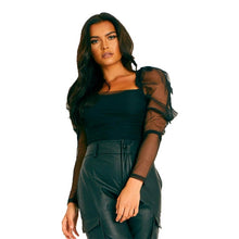 Load image into Gallery viewer, Women Spring Mesh Puff Long Sleeve Ribbed Knitted Shirt Loose Casual Polka Dots Blouse Tops Elegant Turtleneck Party Clubwear
