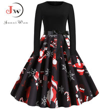 Load image into Gallery viewer, Winter Christmas Dresses Women 50S 60S Vintage Robe Swing Pinup Elegant Party Dress Long Sleeve Casual Plus Size Print Black
