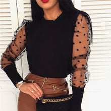 Load image into Gallery viewer, Women Spring Mesh Puff Long Sleeve Ribbed Knitted Shirt Loose Casual Polka Dots Blouse Tops Elegant Turtleneck Party Clubwear
