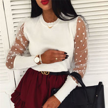 Load image into Gallery viewer, Women Spring Mesh Puff Long Sleeve Ribbed Knitted Shirt Loose Casual Polka Dots Blouse Tops Elegant Turtleneck Party Clubwear
