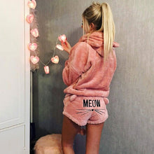 Load image into Gallery viewer, Women Coral Velvet Pajamas Set Autumn Winter Warm Pajamas Two Piece Set Sleepwear Cute Cat Meow Pattern Hoodies Shorts Set 5XL

