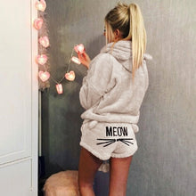 Load image into Gallery viewer, Women Coral Velvet Pajamas Set Autumn Winter Warm Pajamas Two Piece Set Sleepwear Cute Cat Meow Pattern Hoodies Shorts Set 5XL
